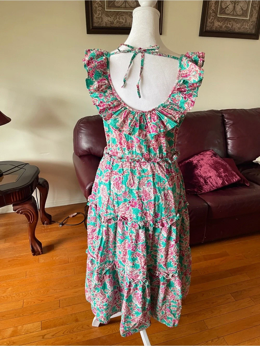J.Crew Floral Ruffle Midi Dress Green Pink Cottagecore Garden Party Size 2